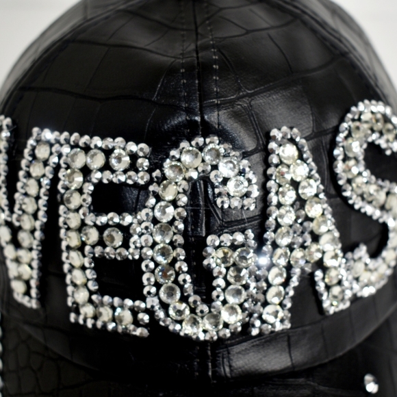 Women's Leather Baseball Cap with Vegas in Rhinestones - Picture 5 of 6